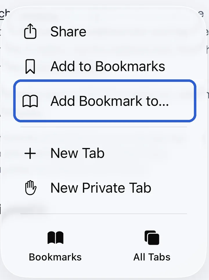 Safari's menu, with Add Bookmark to… outlined