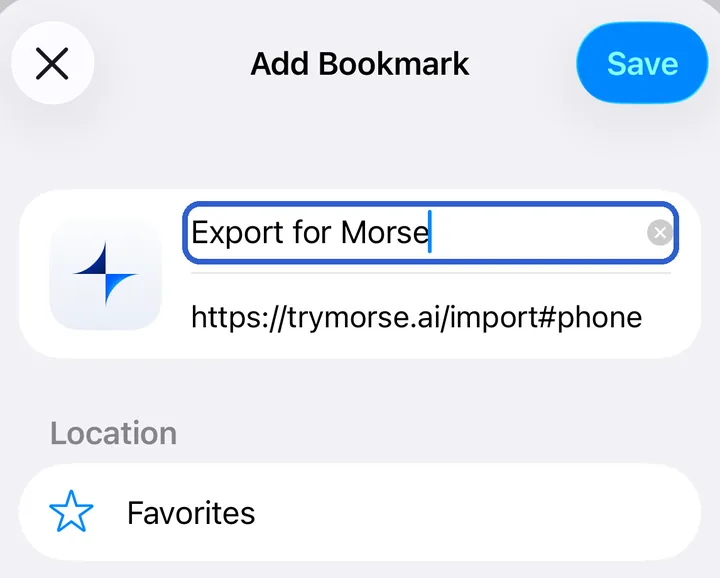Add Bookmark, named Export for Morse, in Favorites