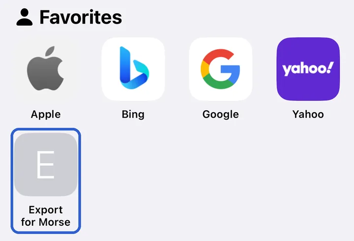 Safari's Favorites on character.ai, with Export for Morse outlined